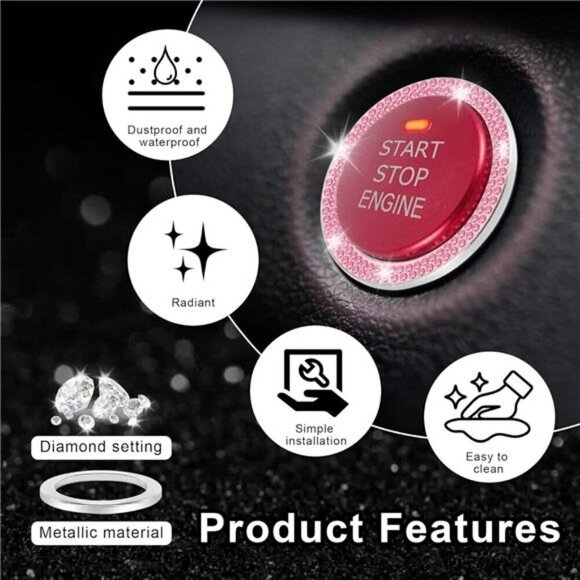 Car Start Button Bling Rhinestone Diamond Engine Button Ring 2-Pack Double Pink - Picture 5 of 7